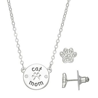 Pet Friends Silver Tone Polished Cat Mom Pendant Necklace & Post Earrings Set