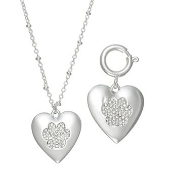 Pet Friends Silver Tone Polished Heart & Pave Paw Necklace & Earring Set