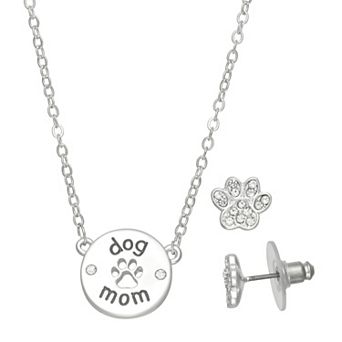 Pet Friends Silver Tone Polished Dog Mom Pendant Necklace & Post Earrings Set