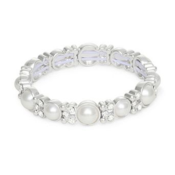 You're Invited Silver Tone Polished Simulated Pearl and Crystal Stretch Bracelet