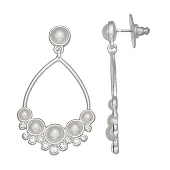 You're Invited Silver Tone Simulated Pearl and Crystal Oval Drop Earrings