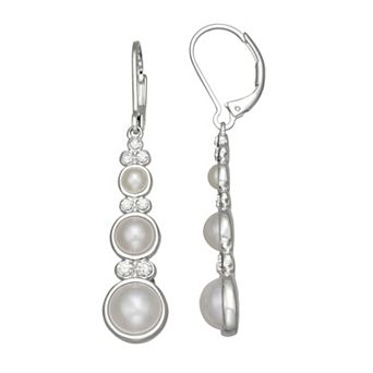 You're Invited Silver Tone Simulated Pearl and Crystal Linear Leverback Earrings