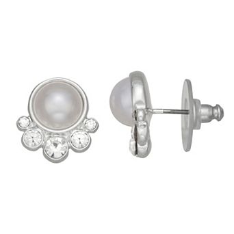 You're Invited Silver Tone Simulated Pearl and Crystal Stud Earrings