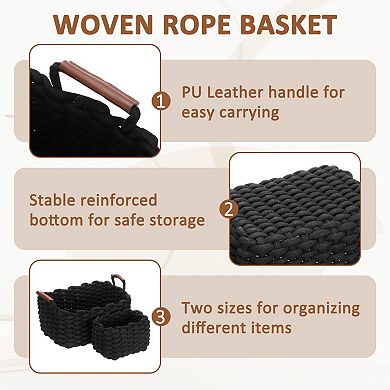 3Pcs Woven Basket, Cotton Rope Rectangle Storage Baskets with PU Handle for Cupboards Bookshelf