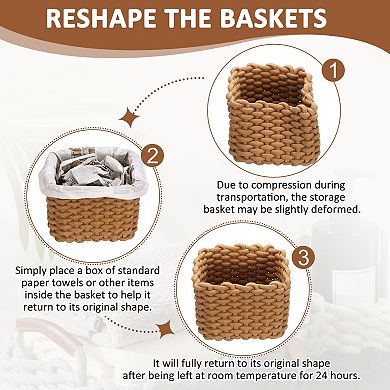 3Pcs Woven Basket, Cotton Rope Rectangle Storage Baskets with PU Handle for Cupboards Bookshelf