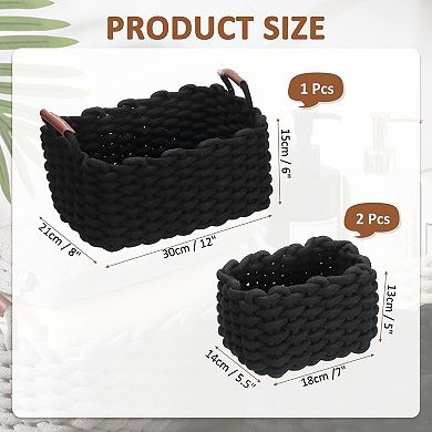 3Pcs Woven Basket, Cotton Rope Rectangle Storage Baskets with PU Handle for Cupboards Bookshelf