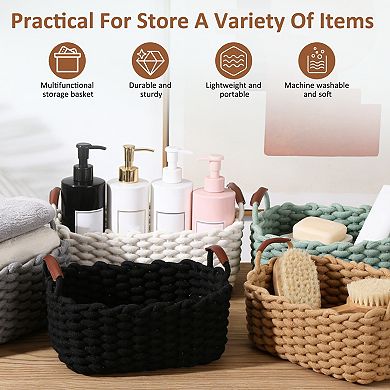 3Pcs Woven Basket, Cotton Rope Rectangle Storage Baskets with PU Handle for Cupboards Bookshelf