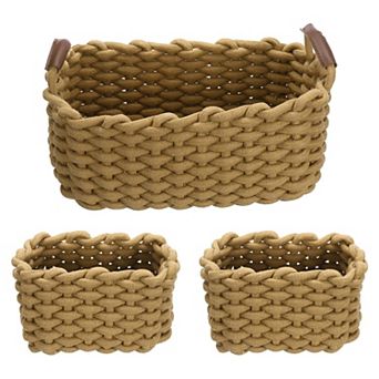 3 pc Woven Basket, Cotton Rope Rectangle Storage Baskets with PU Handle for Cupboards Bookshelf