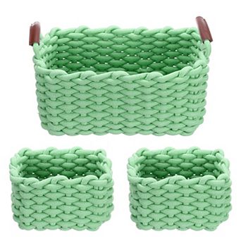 3 pc Woven Basket, Cotton Rope Rectangle Storage Baskets with PU Handle for Cupboards Bookshelf