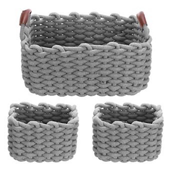 3 pc Woven Basket, Cotton Rope Rectangle Storage Baskets with PU Handle for Cupboards Bookshelf