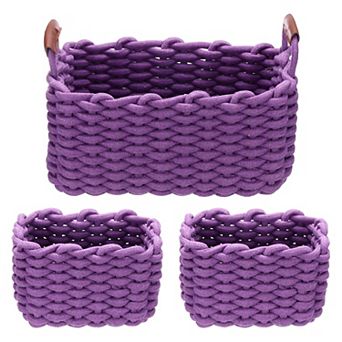 3 pc Woven Basket, Cotton Rope Rectangle Storage Baskets with PU Handle for Cupboards Bookshelf