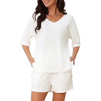 Lounge Sets for Women Ribbed V Neck Loose Matching Outfits 2 pc Short Set Pajamas with Pockets