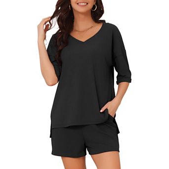 Lounge Sets for Women Ribbed V Neck Loose Matching Outfits 2 pc Short Set Pajamas with Pockets