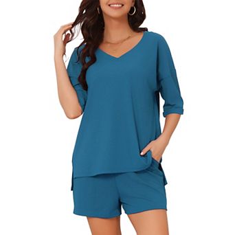 Lounge Sets for Women Ribbed V Neck Loose Matching Outfits 2 pc Short Set Pajamas with Pockets