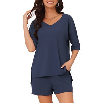 Lounge Sets for Women Ribbed V Neck Loose Matching Outfits 2 pc Short Set Pajamas with Pockets