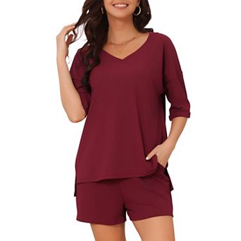 Lounge Sets for Women Ribbed V Neck Loose Matching Outfits 2 pc Short Set Pajamas with Pockets