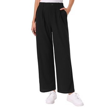 Casual Pants for Women's Elastic Waist Trousers Straight Leg Button Decor Wide Leg Slacks Pants