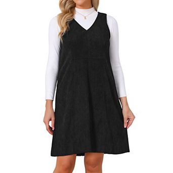 Women's Corduroy Overall Dress V Neck Sleeveless A Line Casual Pinafore Dresses with Pockets
