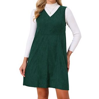 Women's Corduroy Overall Dress V Neck Sleeveless A Line Casual Pinafore Dresses with Pockets