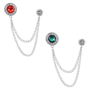 2 pc Gem Chain Brooch Pins, Hanging Chain Brooch Suit Pin Tassel Round Crystal Badge Lapel Pin