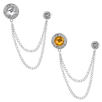 2 pc Gem Chain Brooch Pins, Hanging Chain Brooch Suit Pin Tassel Round Crystal Badge Lapel Pin