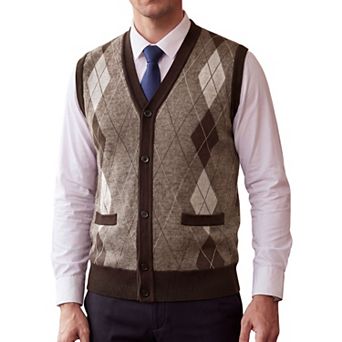 Men's Casual Sleeveless V-Neck Button Argyle Knit Sweater Cardigan Vest