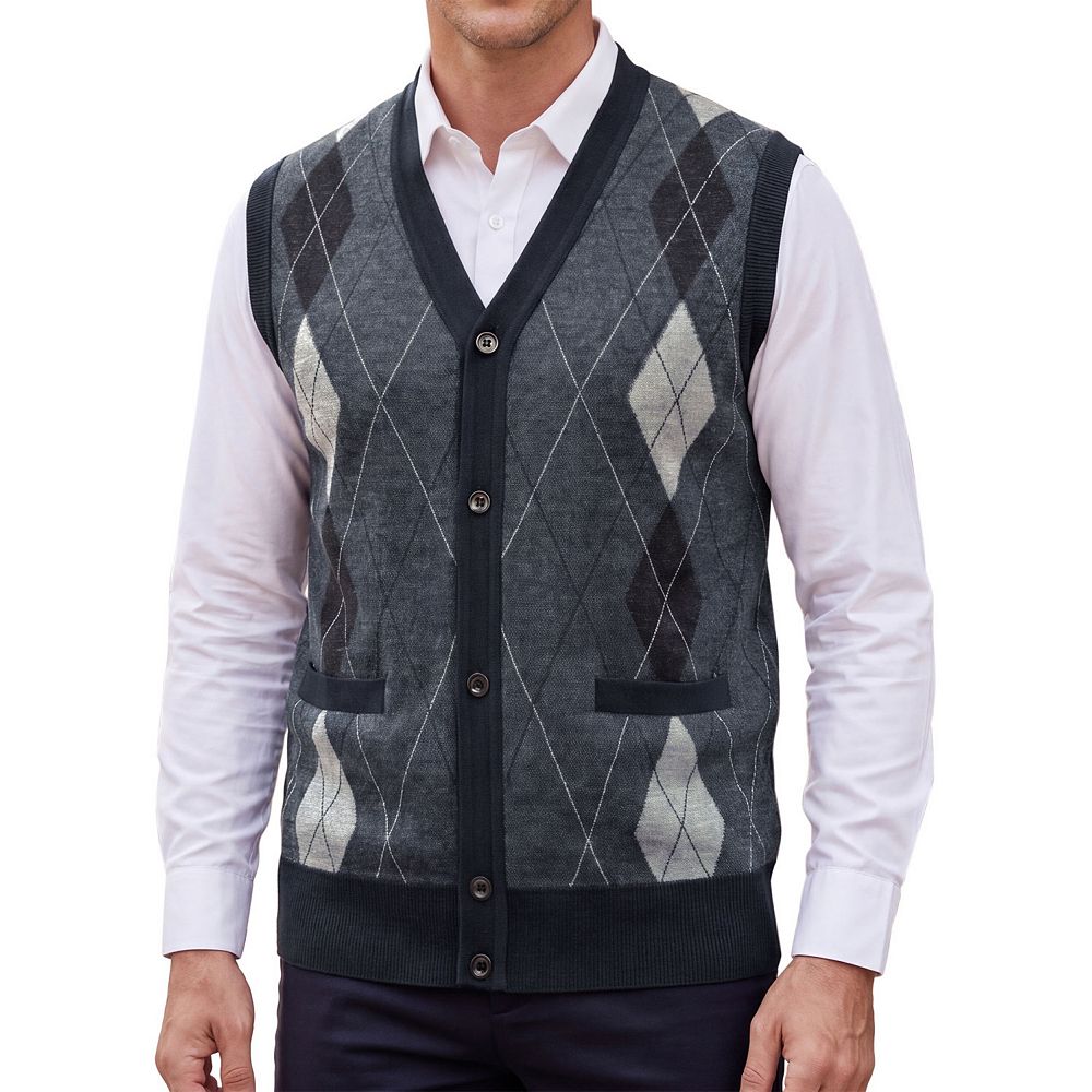 Men's Casual Sleeveless V-Neck Button Argyle Knit Sweater Cardigan Vest
