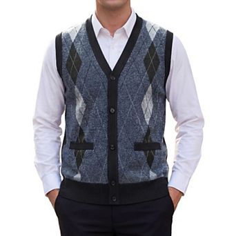 Men's Casual Sleeveless V-Neck Button Argyle Knit Sweater Cardigan Vest