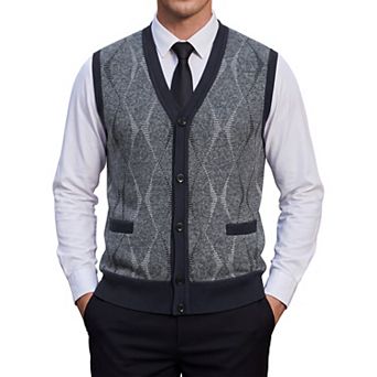 Men's Classic Sleeveless V-Neck Button Argyle Knitwear Sweater Cardigan Vest