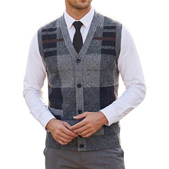 Men's Classic Sleeveless V-Neck Button Argyle Knitwear Sweater Cardigan Vest