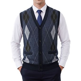 Men's Classic Sleeveless V-Neck Button Argyle Knitwear Sweater Cardigan Vest