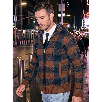 Men's Drawstring Hooded Zipper Fleece Lined Plaid Knitted Sweater Jacket
