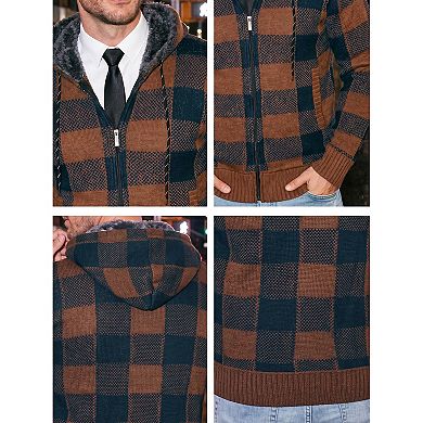 Men's Drawstring Hooded Zipper Fleece Lined Plaid Knitted Sweater Jacket