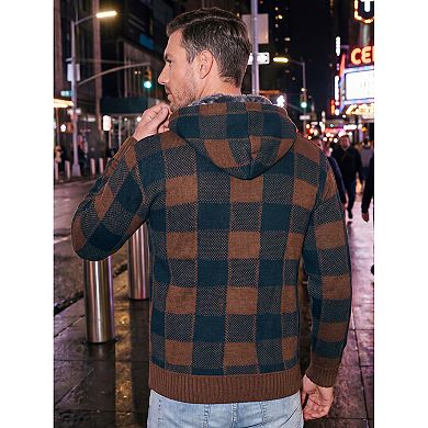 Men's Drawstring Hooded Zipper Fleece Lined Plaid Knitted Sweater Jacket