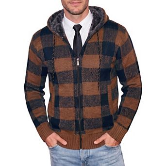 Men's Drawstring Hooded Zipper Fleece Lined Plaid Knitted Sweater Jacket