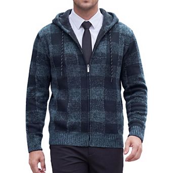 Men's Drawstring Hooded Zipper Fleece Lined Plaid Knitted Sweater Jacket