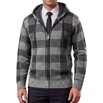 Men's Drawstring Hooded Zipper Fleece Lined Plaid Knitted Sweater Jacket