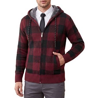 Men's Drawstring Hooded Zipper Fleece Lined Plaid Knitted Sweater Jacket