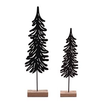 Melrose Cut-Out Metal Pine Tree with Wood Base Set of 2 Table Decor