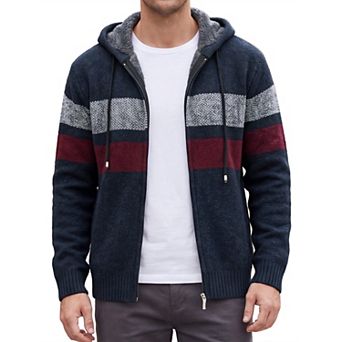 Men's Striped Hoodie Zipper Drawstring Hooded Winter Knit Sweater Jacket