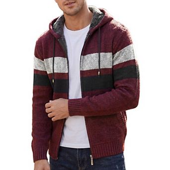 Men's Striped Hoodie Zipper Drawstring Hooded Winter Knit Sweater Jacket
