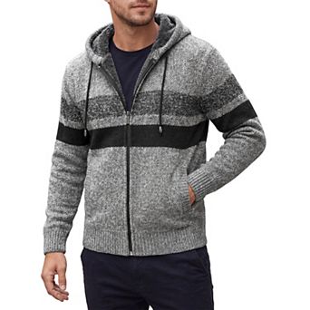 Men's Striped Hoodie Zipper Drawstring Hooded Winter Knit Sweater Jacket