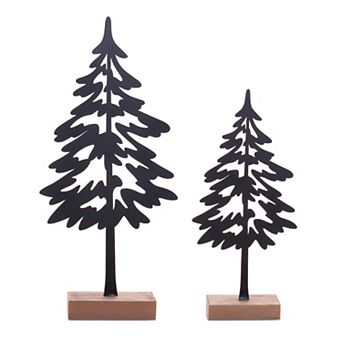 Melrose Cut-Out Metal Pine Trees with Wood Base Table Decor Set of 2