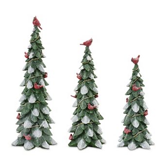 Melrose Frosted Cardinal Pine Tree Set of 3 Table Decor