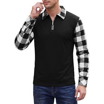 Men's Plaid Patchwork Polo Shirt Long Sleeve Zipper Turn Down Collar Casual Golf Polo Shirts