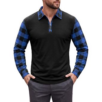 Men's Plaid Patchwork Polo Shirt Long Sleeve Zipper Turn Down Collar Casual Golf Polo Shirts