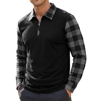 Men's Plaid Patchwork Polo Shirt Long Sleeve Zipper Turn Down Collar Casual Golf Polo Shirts