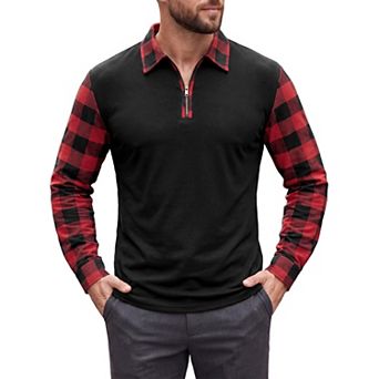 Men's Plaid Patchwork Polo Shirt Long Sleeve Zipper Turn Down Collar Casual Golf Polo Shirts