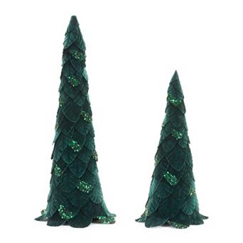 Melrose Green Beaded Leaf Pine Tree Table Decor Set of 2