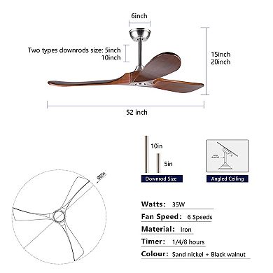 Loheer 52 Inch Solid Wood Ceiling Fan, No Light, 3 Blade, Outdoor Patio Remote Control